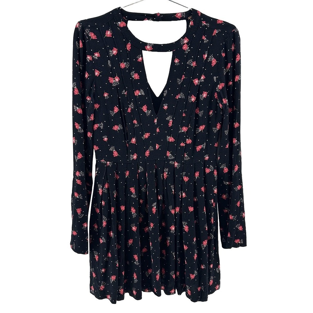 FREE PEOPLE Teagan Floral Long Sleeve Keyhole Mini Dress • 6 • black red Boho